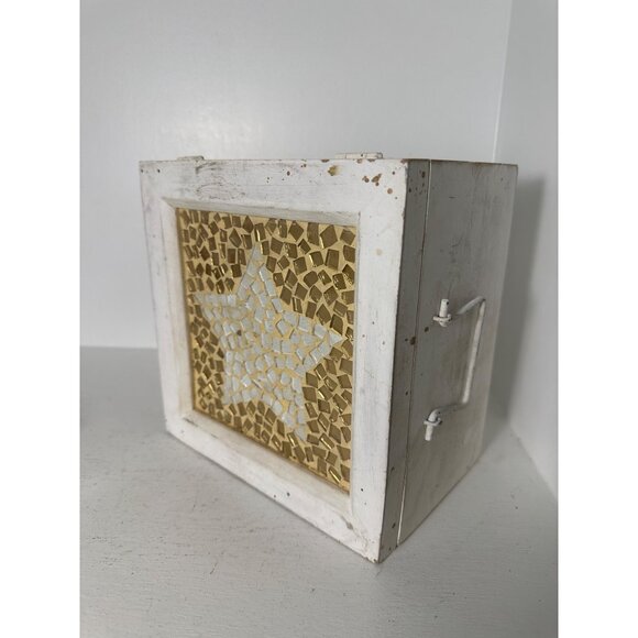 Vintage White Wooden Box With Gold & White Mosaic Star Design 8x8x5 - Picture 5 of 7